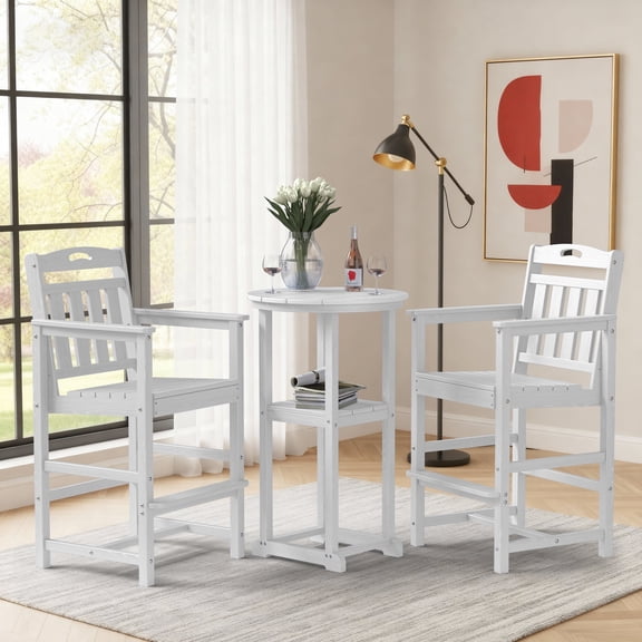 Harbweb Outdoor Bar Set, 2 Adirondack Chairs & Round Bar Height Table, All-Weather HDPE Patio Bar Set, White