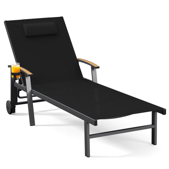 Harbweb Outdoor Chaise Lounge Chair , 5-Position Adjustable Sun Tanning Chair with Pillow, Aluminum Patio Lounge Chair with Wheels & Armrests for Garden, Beach, Patio, Pool, Black