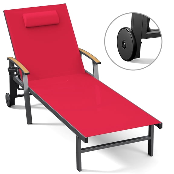 Harbweb Outdoor Chaise Lounge Chair , 5-Position Adjustable Sun Tanning Chair with Pillow, Aluminum Patio Lounge Chair with Wheels & Armrests for Garden, Beach, Patio, Pool, Red