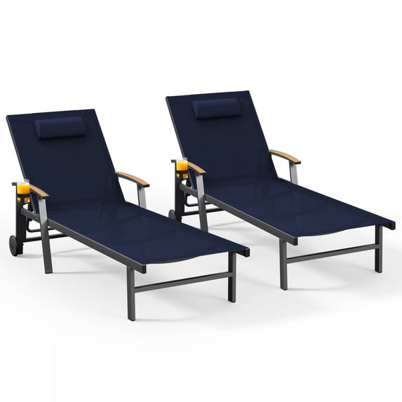 Harbweb Outdoor Chaise Lounge Chair Set of 2, 5-Position Adjustable Sun Tanning Chair with Pillow, Aluminum Patio Lounge Chair with Wheels & Armrests for Garden, Beach, Patio, Pool, Blue