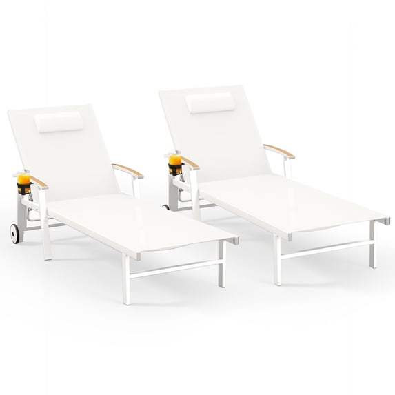 Harbweb Outdoor Chaise Lounge Chair Set of 2 , 5-Position Adjustable Sun Tanning Chair with Pillow, Aluminum Patio Lounge Chair with Wheels & Armrests for Garden, Beach, Patio, Pool, White