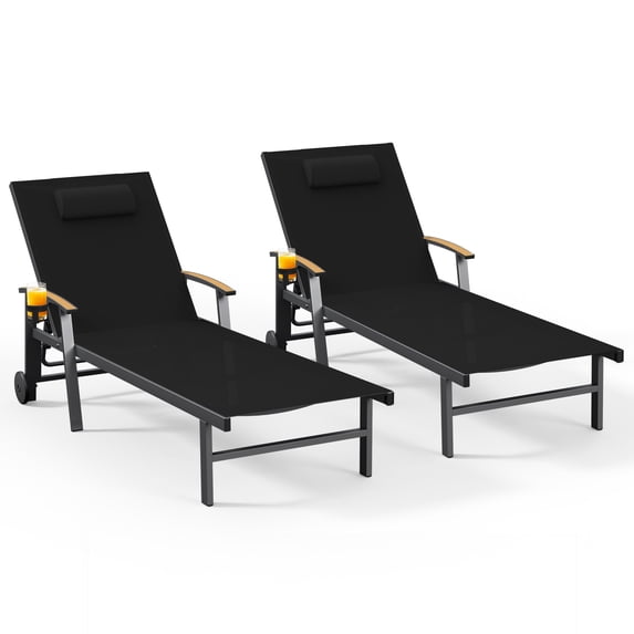 Harbweb Outdoor Chaise Lounge Chair Set of 2, 5-Position Adjustable Sun Tanning Chair with Pillow, Aluminum Patio Lounge Chair with Wheels & Armrests for Garden, Beach, Patio, Pool, Black