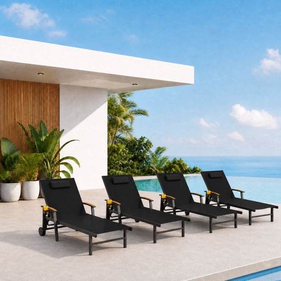 Harbweb Outdoor Chaise Lounge Chair Set of 4, 5-Position Adjustable Sun Tanning Chair with Pillow, Aluminum Patio Lounge Chair with Wheels & Armrests for Garden, Beach, Patio, Pool, Black