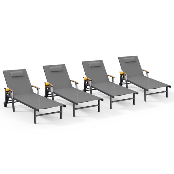 Harbweb Outdoor Chaise Lounge Chair Set of 4, 5-Position Adjustable Sun Tanning Chair with Pillow, Aluminum Patio Lounge Chair with Wheels & Armrests for Garden, Beach, Patio, Pool, Gray