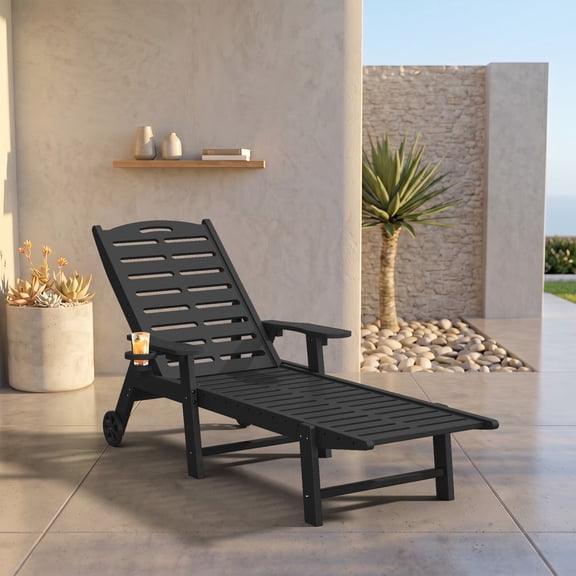 Harbweb Outdoor Chaise Lounge with Wheels & Cup Holder, All Weather 5-Position Adjustable HDPE Patio Chair, Black