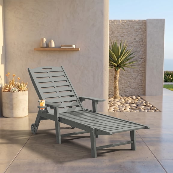 Harbweb Outdoor Chaise Lounge with Wheels & Cup Holder, All Weather 5-Position Adjustable HDPE Patio Chair, Gray