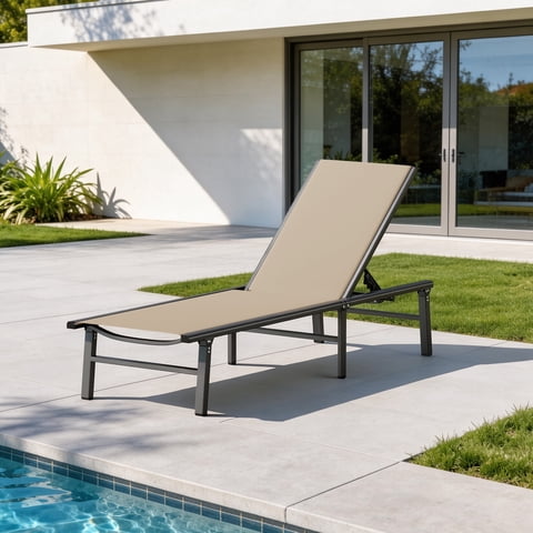 Harbweb Outdoor Lounge Chair for Pool, Aluminum Chaise Lounge Chairs with 5-Position Recliner, No Assembly Patio Lounge Chair for Backyard, Poolside, Deck, Lawn (Khaki)