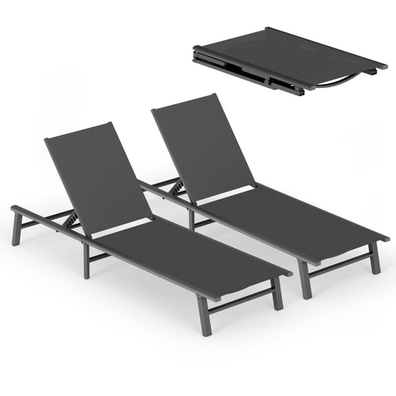 Harbweb Outdoor Lounge Chair for Pool Set of 2, Aluminum Chaise Lounge Chairs with 5-Position Recliner, No Assembly Patio Lounge Chair for Backyard, Poolside, Deck, Lawn (Gray)