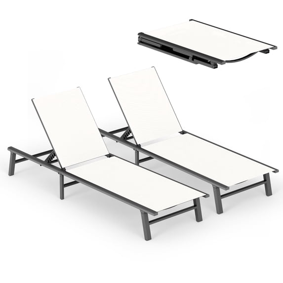 Harbweb Outdoor Lounge Chair for Pool Set of 2, Aluminum Chaise Lounge Chairs with 5-Position Recliner, No Assembly Patio Lounge Chair for Backyard, Poolside, Deck, Lawn (White)