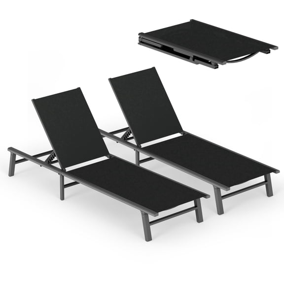 Harbweb Outdoor Lounge Chair Set of 2 for Pool, Aluminum Chaise Lounge Chairs with 5-Position Recliner, No Assembly Patio Lounge Chair for Backyard, Poolside, Deck, Lawn (Black)