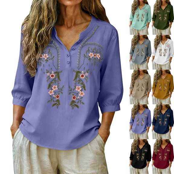 Harcomeey 3/4 Sleeve T-Shirts for Women Summer Embroidered Tops V Neck Boho Cotton Blend Shirts Plus Size Peasant Clothes 3XL