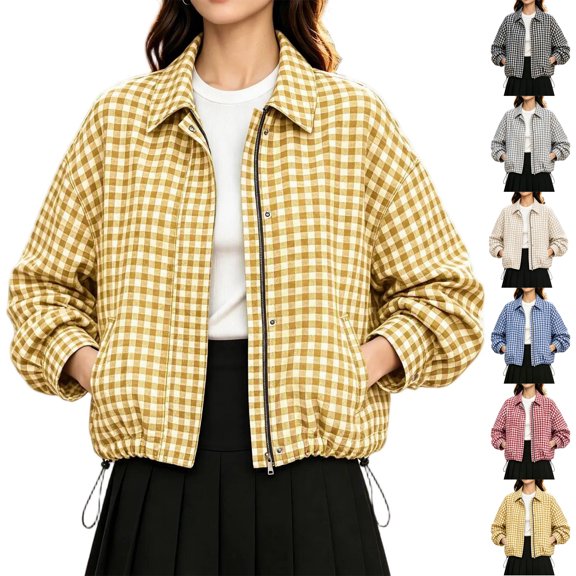 Harcomeey Cropped Jacket for Women Long Sleeve Plaid Collared Zip Snap Button Outerwear with Pockets,Drawstring Hem Casual Outdoor Jacket
