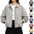 thumbnail image 1 of Harcomeey Cropped Jacket for Women Long Sleeve Plaid Collared Zip Snap Button Outerwear with Pockets,Drawstring Hem Spring Fall Outfits, 1 of 8
