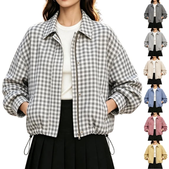 Harcomeey Cropped Jacket for Women Long Sleeve Plaid Collared Zip Snap Button Outerwear with Pockets,Drawstring Hem Spring Fall Outfits