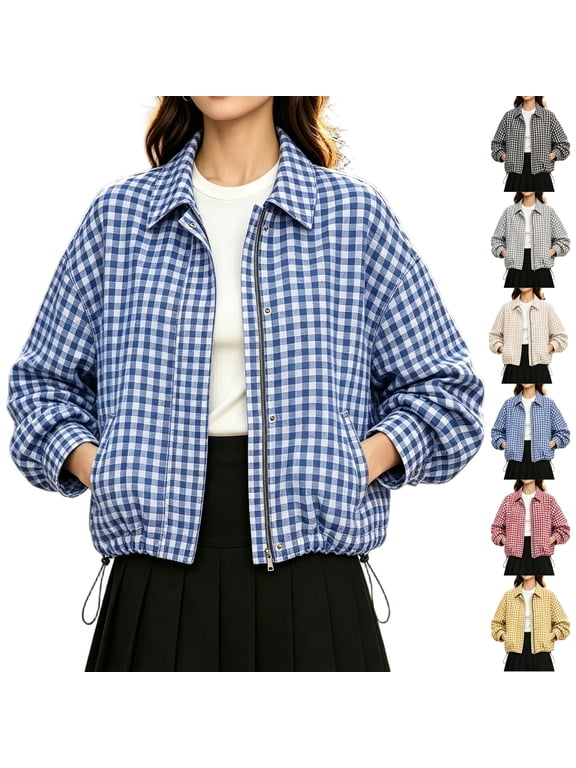 Cropped Jacket for Women Long Sleeve Plaid Collared Zip Snap Button Outerwear with Pockets,Drawstring Hem for Daily Wear