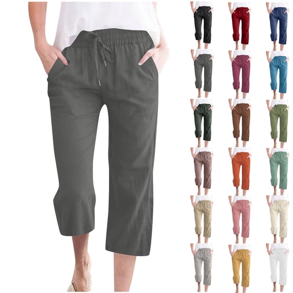 Harcomeey Women Capri Pants Oversized Solid-Color Cotton-Linen Capri Pant with Drawstring and Pockets Workout Cropped Joggers Lounge Pant