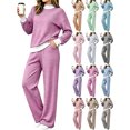 thumbnail image 1 of Harcomeey Womens Fashion Matching Sets Mock‑Layer Striped Long‑Sleeve Top and High‑Waist Wide‑Leg Pants Streetwear Loungewear Set, 1 of 6