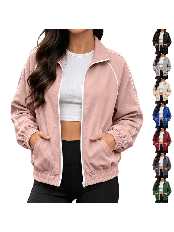 Womens Track Jacket Stand Collar Full Zip Long Sleeve Casual Athletic Outerwear with Pockets Spring Fall Outfits 2XL