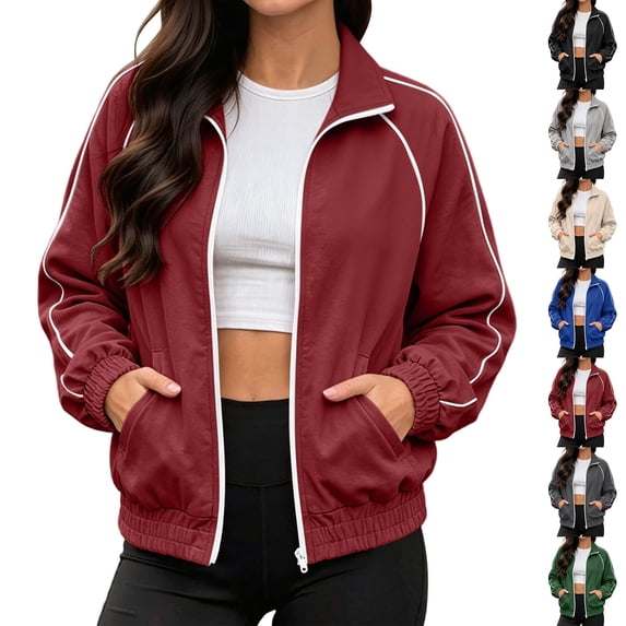 Harcomeey Womens Track Jacket Stand Collar Full Zip Long Sleeve Casual Athletic Outerwear with Pockets Spring Fall Outfits 3XL