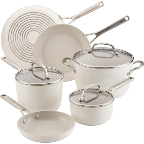 Hard Anodized Ceramic Induction Nonstick Pots and Pans with Saucepans, Frying Pans, Stockpot, and Lids, Dishwasher Safe, 9 Piece Cookware Set with Stainless Steel Handles - Porcelain White