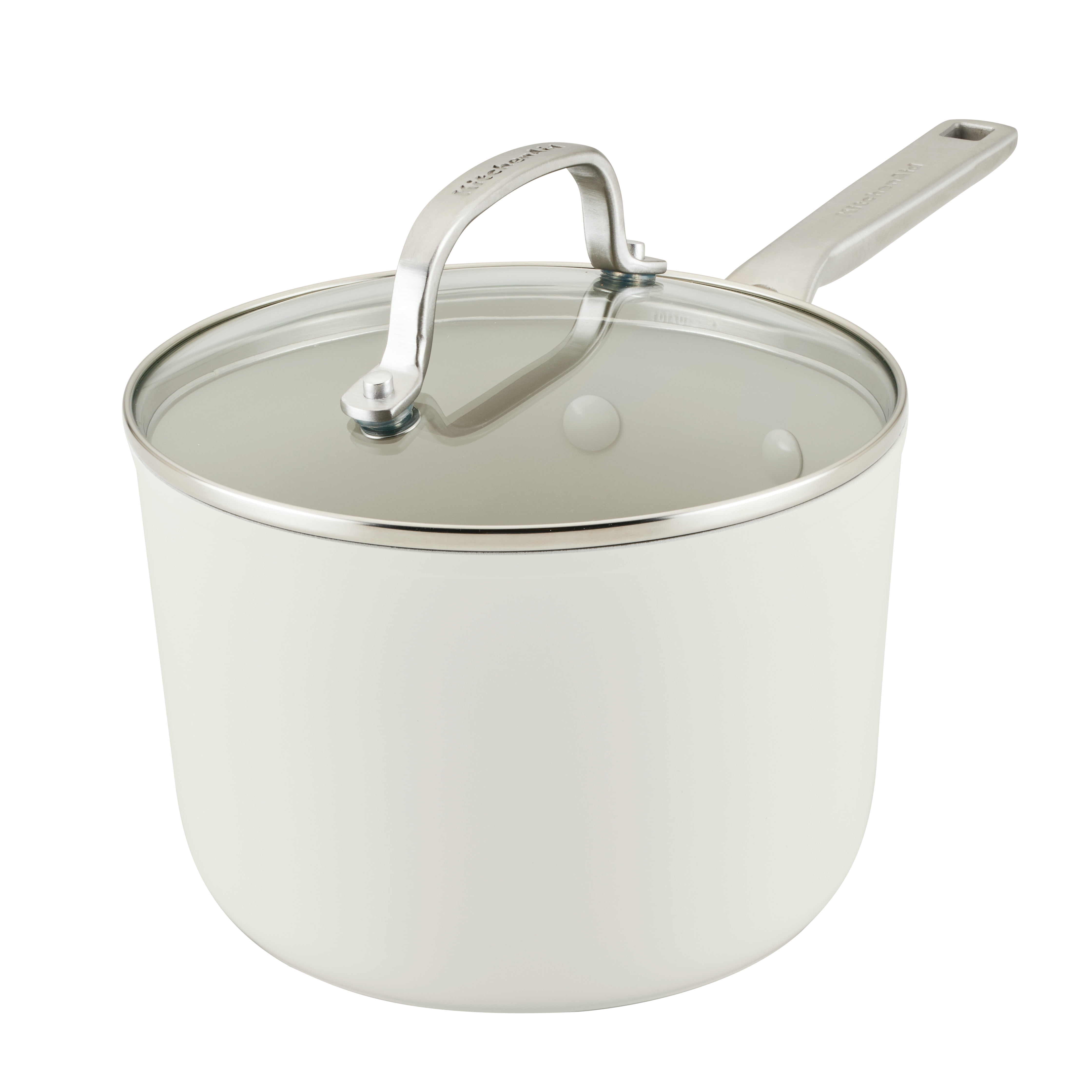 KitchenAid Hard Anodized 3 Quart Ceramic Nonstick Cookware Sauce Pan, Oven Safe to 500°F, Porcelain White