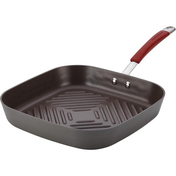 Hard-Anodized Nonstick 11-Inch Deep Square Grill Pan, Gray with Cranberry Red Handle - 87632
