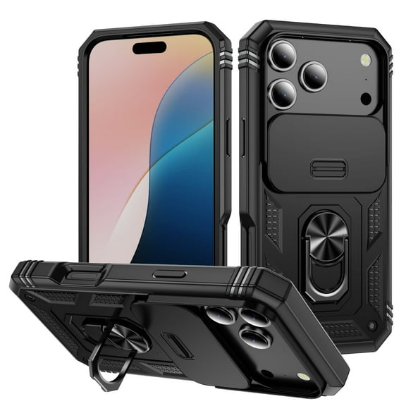 Hard Armor Slide Lens Protection Case for iPhone 17 Pro Max Rotating Ring Kickstand Three Layer Shockproof Cover, Black
