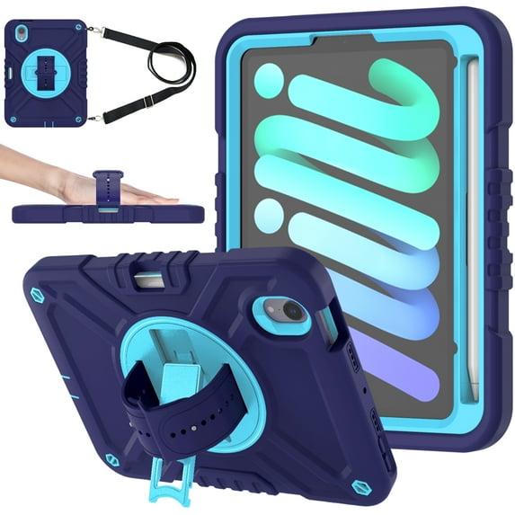 Hard Back Cover Case for Apple 8.3-inch iPad Mini 6th Generation (2021) Model A2567/A2168/A2569 - Portable Shockproof Rugged Cover Case with Rotating View Kickstand & Shoulder/Hand Strap, Navyblue