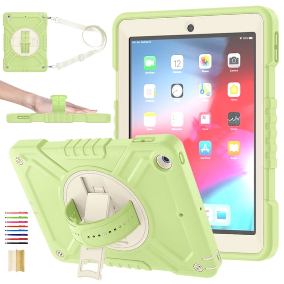 Hard Back Cover Case for Apple 9.7-inch iPad 6th/5th Generation (2018/2017) - Portable Tablet Case with Rotating View Kickstand & Shoulder/Hand Strap, Shockproof Sturdy Rugged Cover, Green White