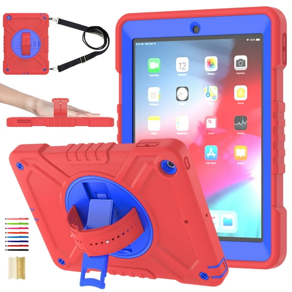 Hard Back Cover Case for Apple 9.7-inch iPad 6th/5th Generation (2018/2017) - Portable Tablet Case with Rotating View Kickstand & Shoulder/Hand Strap, Shockproof Sturdy Rugged Cover, Red Blue