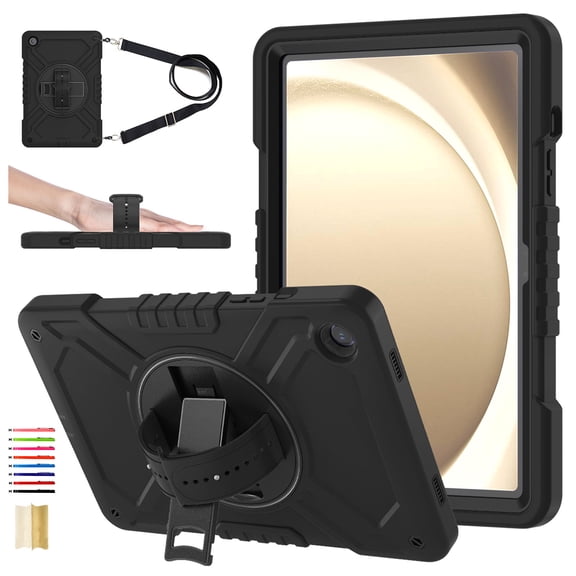 Hard Back Cover Case for Galaxy Tab A9 8.7" Tablet 2023 Release Model SM-X110/115/117 - 3 Layers Protection Protective Portable Case with Rotating View Kickstand & Shoulder/Hand Strap, Black