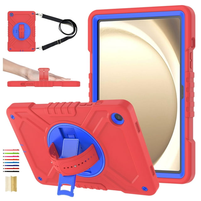 Hard Back Cover Case for Galaxy Tab A9 8.7" Tablet 2023 Release Model SM-X110/115/117 - 3 Layers Protection Protective Portable Case with Rotating View Kickstand & Shoulder/Hand Strap, Redblue