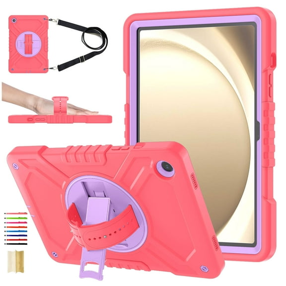 Hard Back Cover Case for Samsung Galaxy Tab A9+ Tablet (2023) Model SM-X210/X215/X216 - Kids Friendly Shockproof Sturdy Portable Rugged Case with Rotating View Kickstand & Shoulder/Hand Strap, Rose