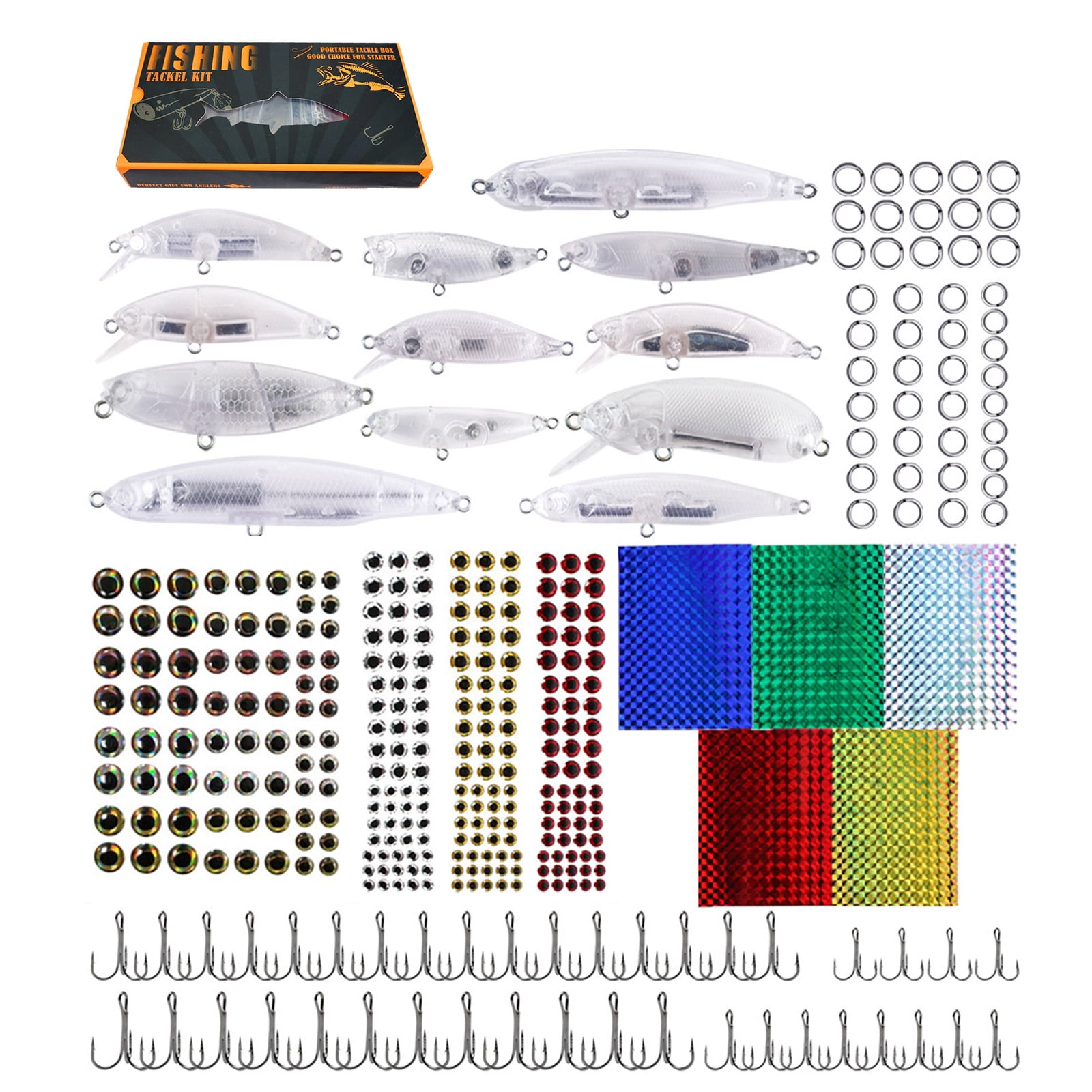 DIY Fishing Lure Making Kit – 286pcs Unpainted Crankbait Blanks, Treble Hooks, Split Rings, 3D Eyes, Stickers & Pliers For Custom Tackle Crafting