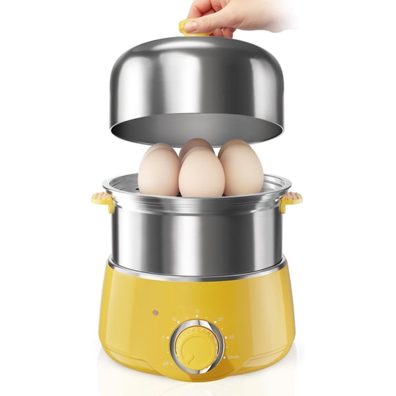 Hard Boiled Egg Cooker - 14-Egg Stainless Egg Boiler with 30-Min Timer & Shut Off, Compact Vegetable Steamer for Cooking, Dishwasher Safe, Retro Yellow