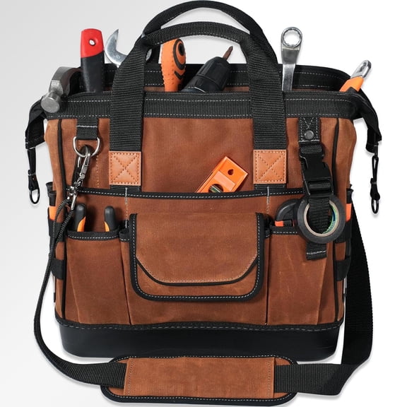 Hard Bottom Tool Bag, Waxed Canvas Tools Bag, Heavy Duty Electrician Bags, HVAC Service Bags, Mechanic, Technician Tool Bag