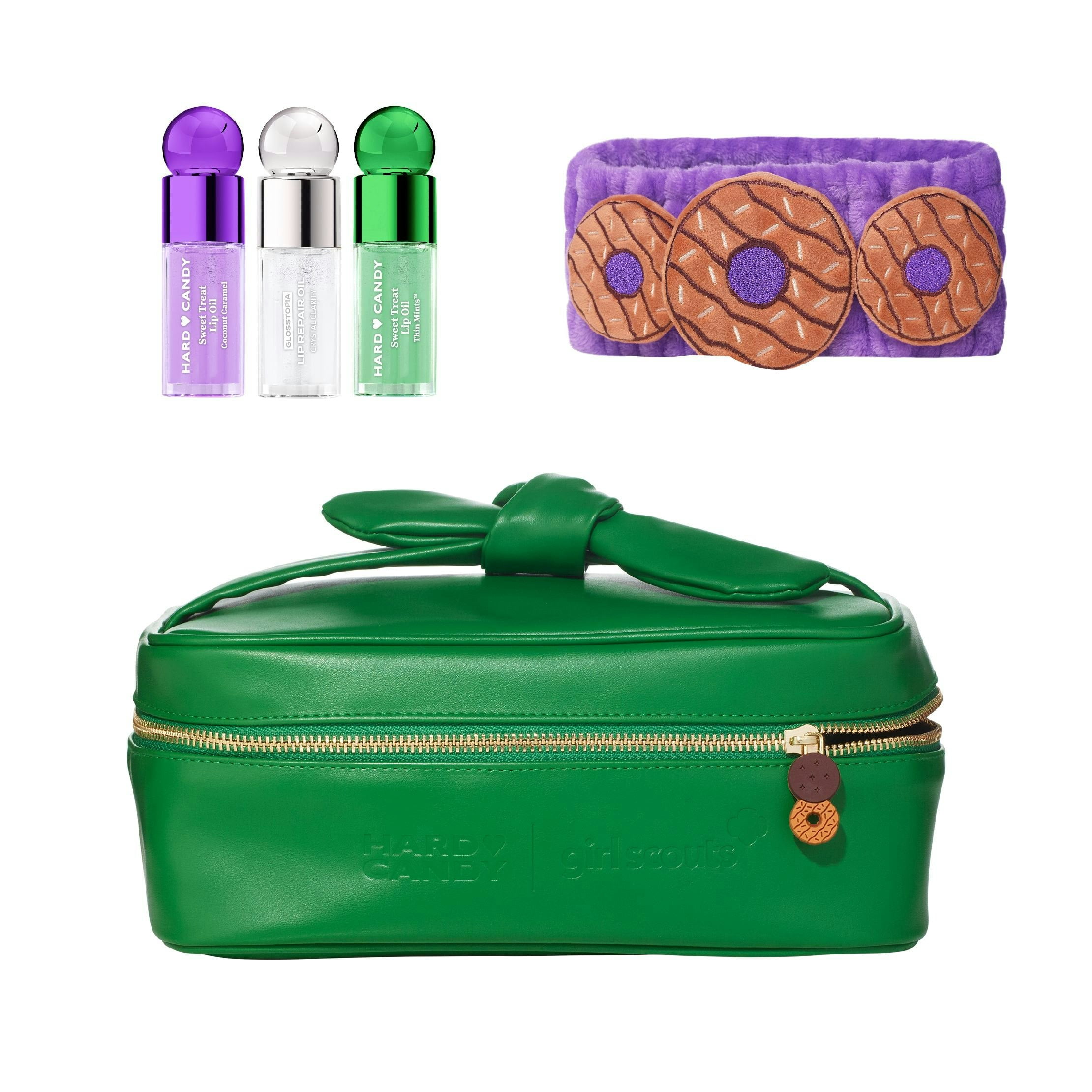 Hard Candy x Girl Scouts Coconut Caramel Essential Kit, Makeup Bag, Travel Kit, Lip Oil, Headband , 5 pieces