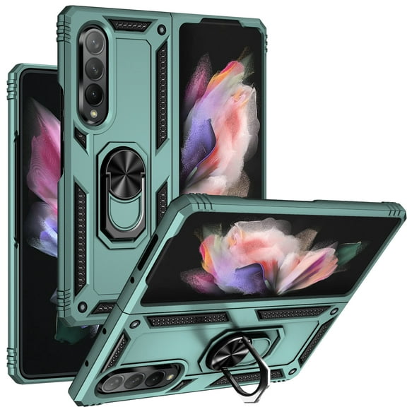 Hard Case for Samsung Galaxy Z Fold 3 5G 7.6-Inch Android Smartphone Tablet (SM-F926U) - Shockproof Protective Rugged Cover with Kickstand / Cell Phone Ring Holder (Dark Green)
