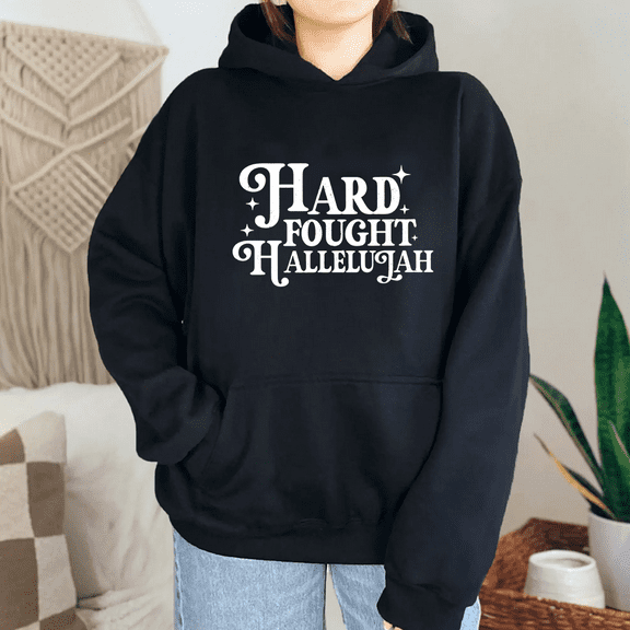 Hard Fought Hallelujah Victory Print Tops for Women Christian Sweatshirts Overcomer Faith Pullover Biblical Resilient Spirit Scripture Hoodie for Holiday Black,3XL