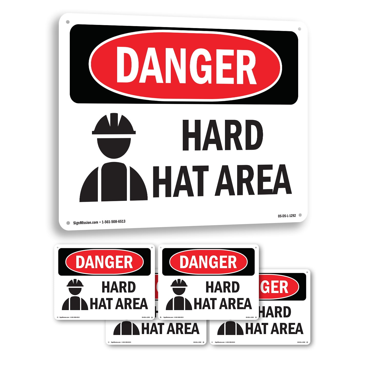 Hard Hat Area OSHA Danger Rigid Plastic Sign 18 Inch x 12 Inch - 5 Pack ...