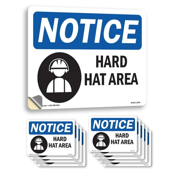 Hard Hat Area OSHA Notice Vinyl Decal Label 10 Inch x 7 Inch - 10 Pack