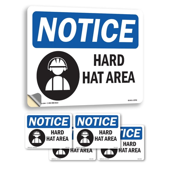 Hard Hat Area OSHA Notice Vinyl Decal Label 10 Inch x 7 Inch - 5 Pack