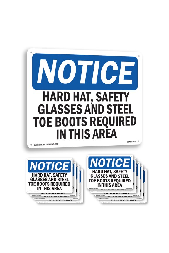 Hard Hat Safety Glasses And Steel Toe Boots OSHA Notice Aluminum Sign 10 Inch x 7 Inch - 10 Pack