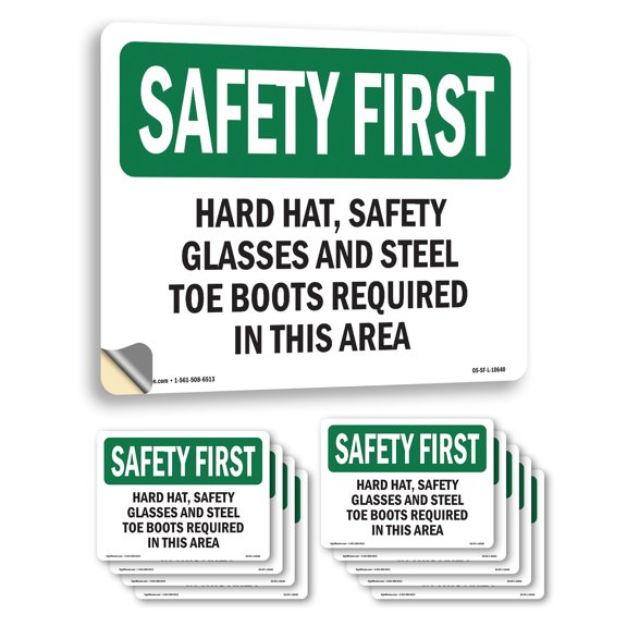 Hard Hat Safety Glasses And Steel Toe Boots OSHA SAFETY FIRST Vinyl Decal Label 24 Inch x 18 Inch - 10 Pack