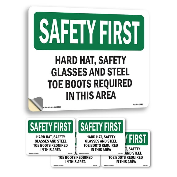 Hard Hat Safety Glasses And Steel Toe Boots OSHA SAFETY FIRST Vinyl Decal Label 5 Inch x 3.5 Inch - 5 Pack