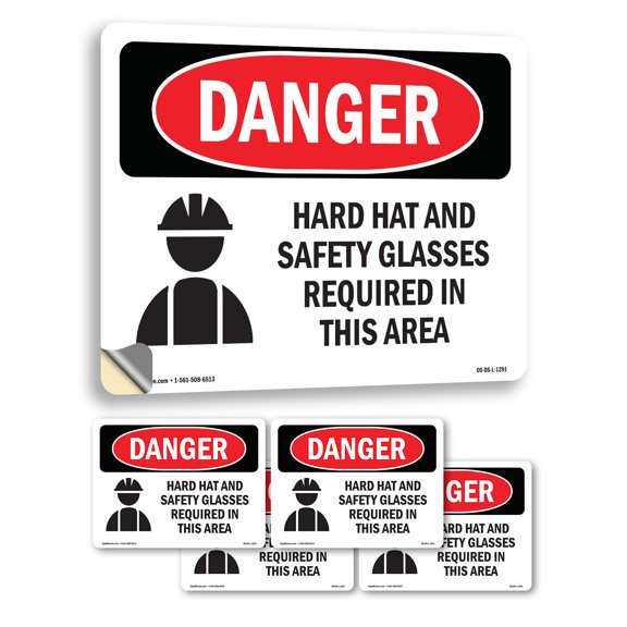 Hard Hat Safety Glasses Required In Area OSHA Danger Vinyl Decal Label 5 Inch x 3.5 Inch - 5 Pack