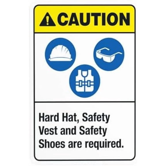 Hard Hat Safety Vest And Safety Shoes Are Required Warning Sign, Construction Security Metal Signs for Business Home Road Yard Garage Street Wall Safety Caution Custom Decor 8 x 12 Inch