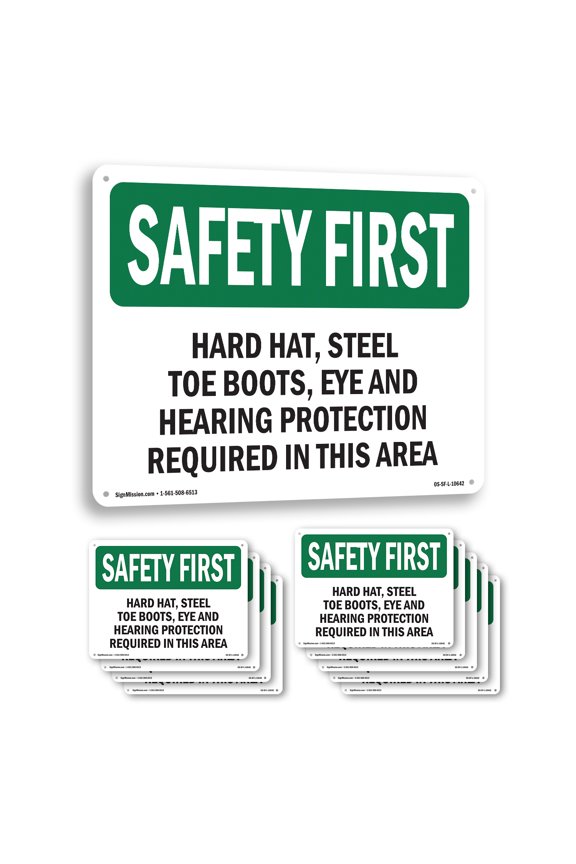Hard Hat Steel Toe Boots Eye And Hearing OSHA SAFETY FIRST Aluminum Sign 10 Inch x 7 Inch - 10 Pack