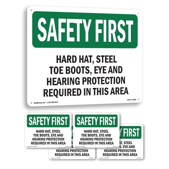 Hard Hat Steel Toe Boots Eye And Hearing OSHA SAFETY FIRST Rigid Plastic Sign 14 Inch x 10 Inch - 5 Pack