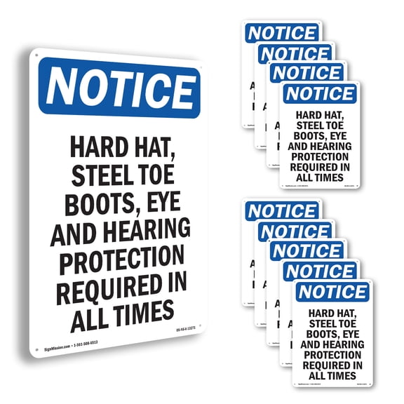 Hard Hat Steel Toe Boots Eye OSHA Notice Aluminum Sign 18 Inch x 12 Inch - 10 Pack